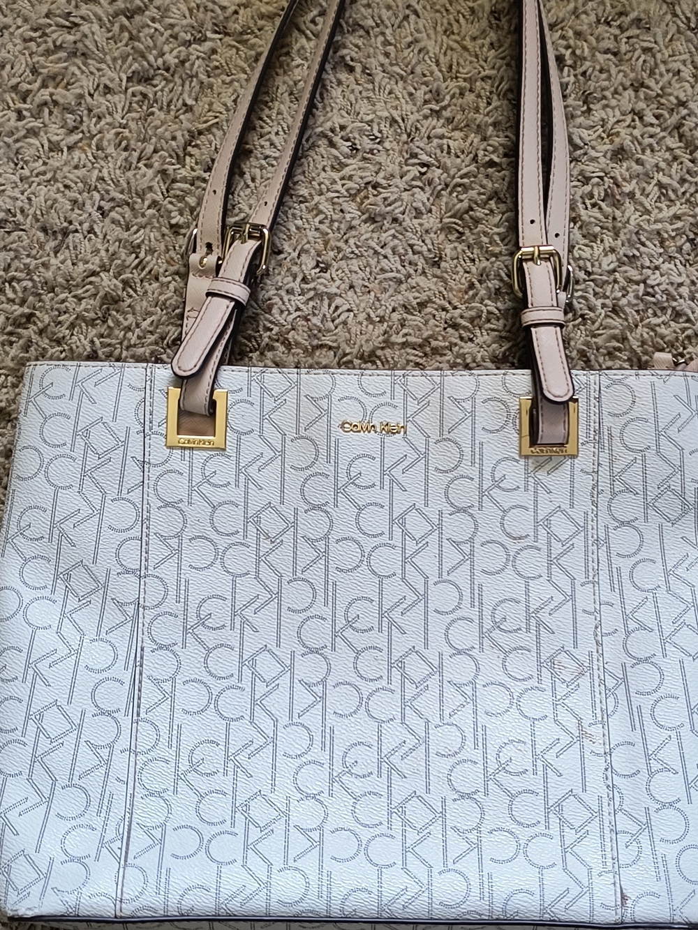 Calvin Klein White Logo Tote with Pale Pink Straps